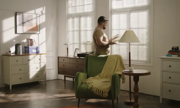 Blind Tilt adjusting blinds to reduce harsh midday glare in a bright room