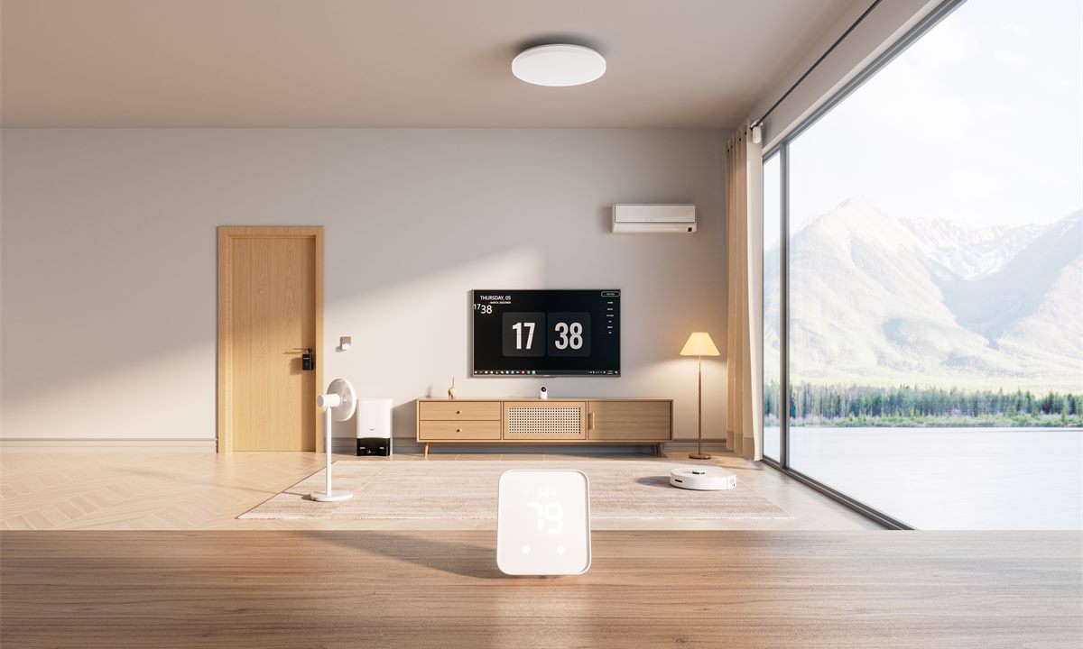 Hub 2 showing room temperature and humidity in a living room