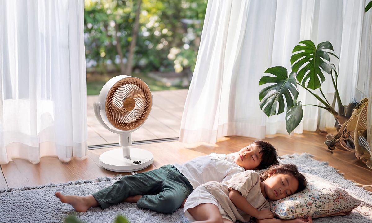 Standing Circulator Fan running quietly while a child naps