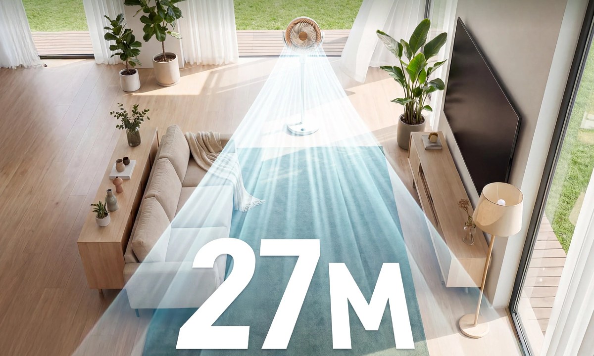 Standing Circulator Fan pushing airflow across a living room