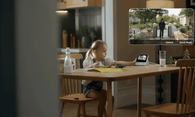 Indoor monitor showing a live video doorbell view before opening the door